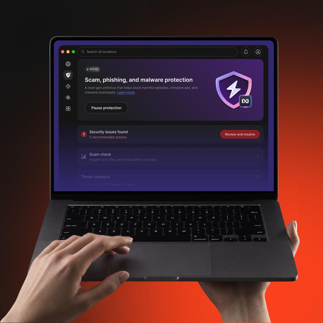 A laptop displaying the NordVPN app securing internet traffic and blocking online threats.