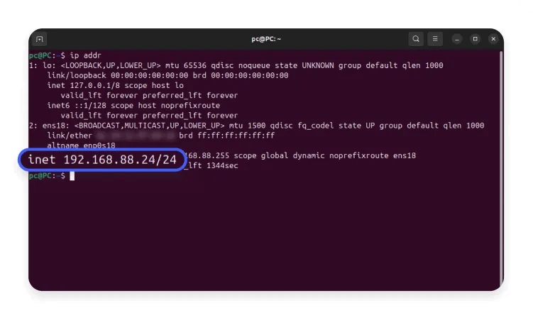Terminal displaying the output of the “ip” command, highlighting the private IP next to “inet.”