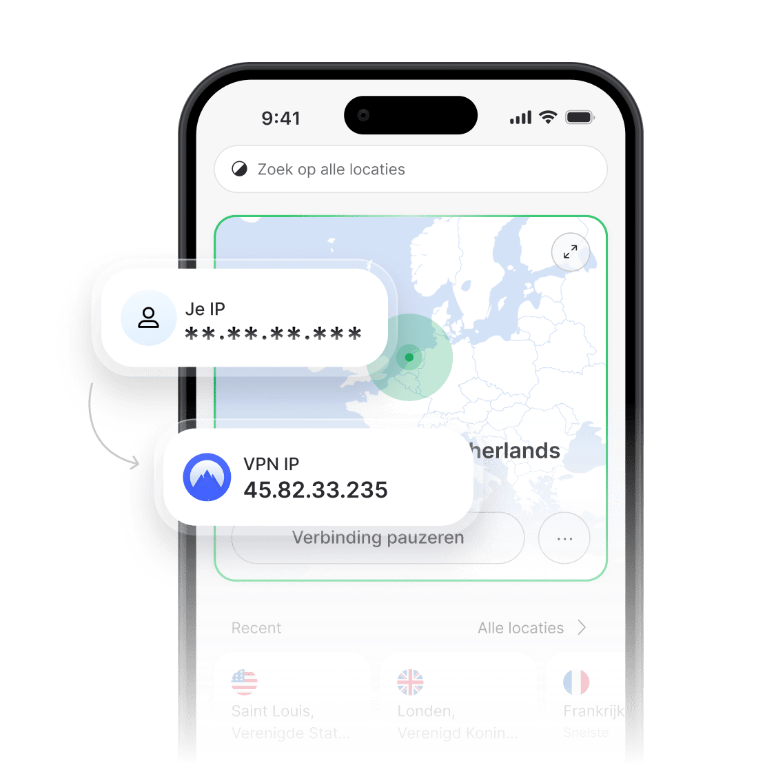 NordVPN-app die een verborgen echt IP-adres en een nieuw VPN-IP-adres toont.