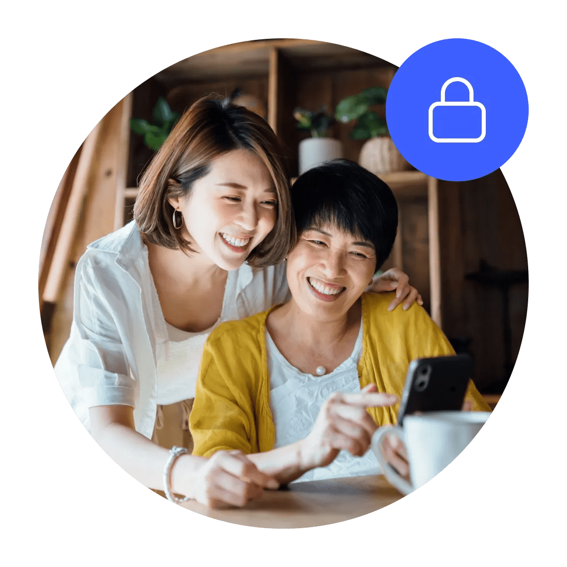 NordVPN 로고가 있는 스마트폰을 들고 있는 손 모양으로, VPN 앱으로 보호되고 있음을 나타냅니다.