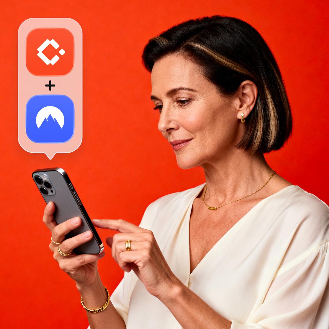 A person using their phone with the Coveron and NordVPN bundle active.