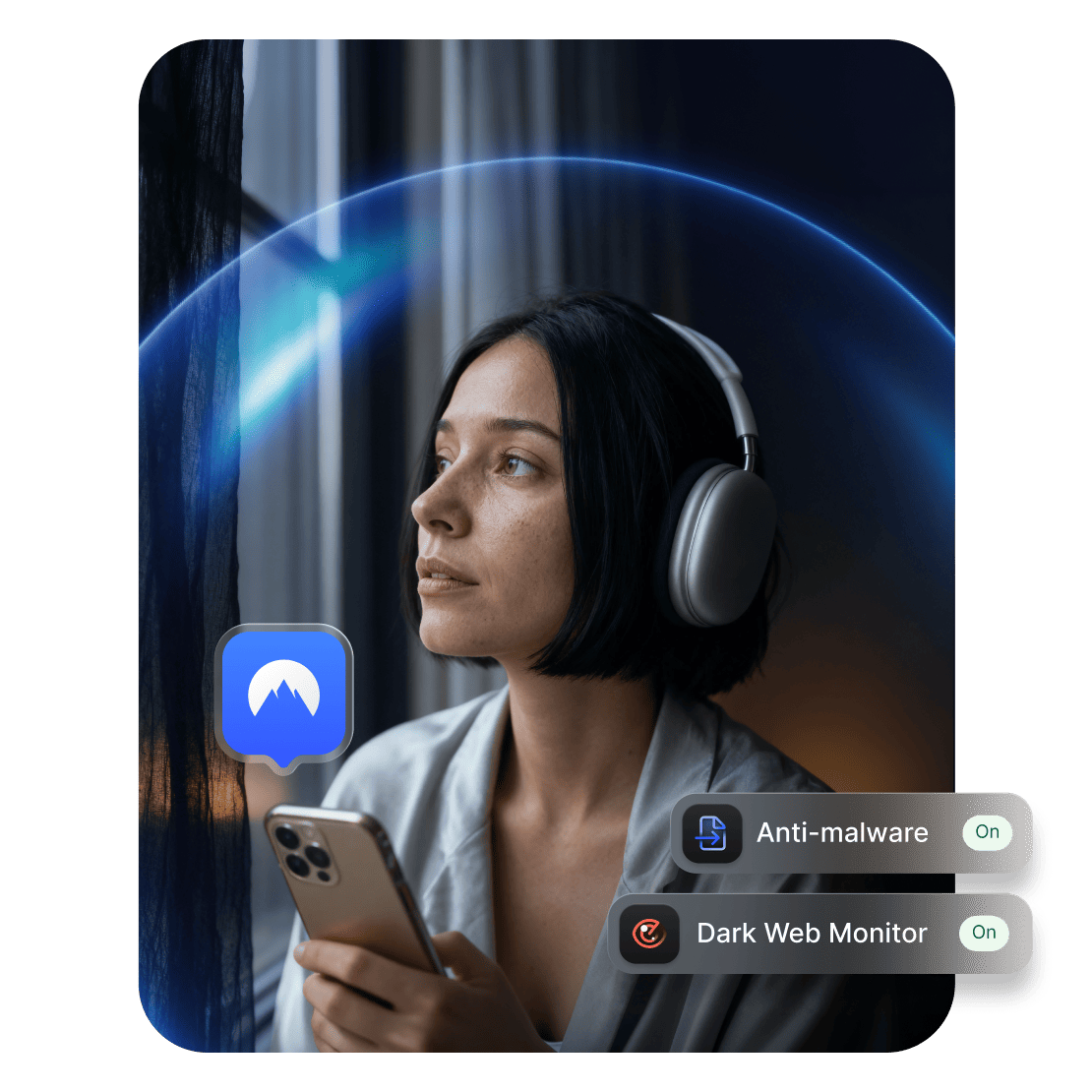 A person with headphones using a NordVPN app on their phone.