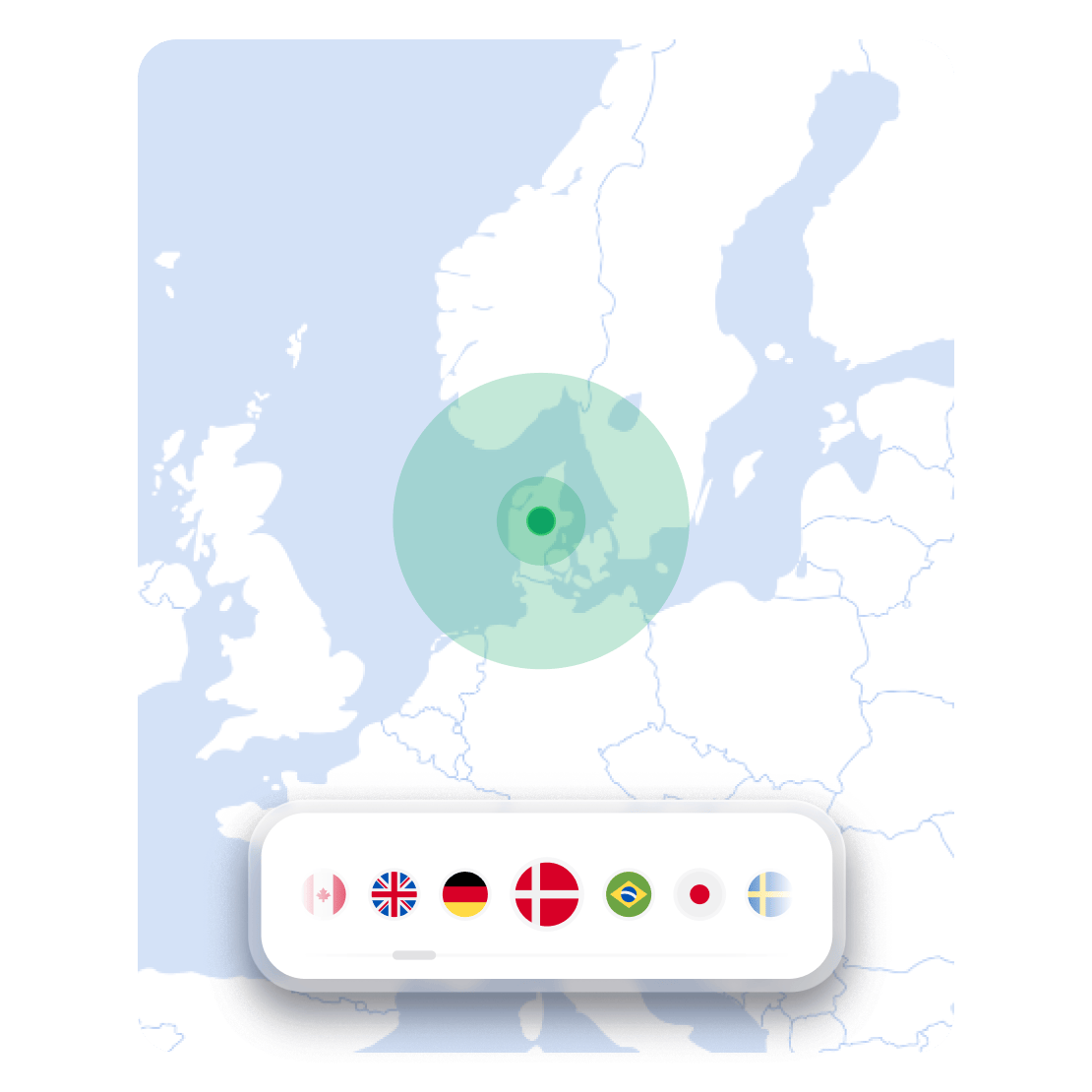 Et NordVPN-kort, der viser serverplaceringer, så du kan ændre din virtuelle placering.