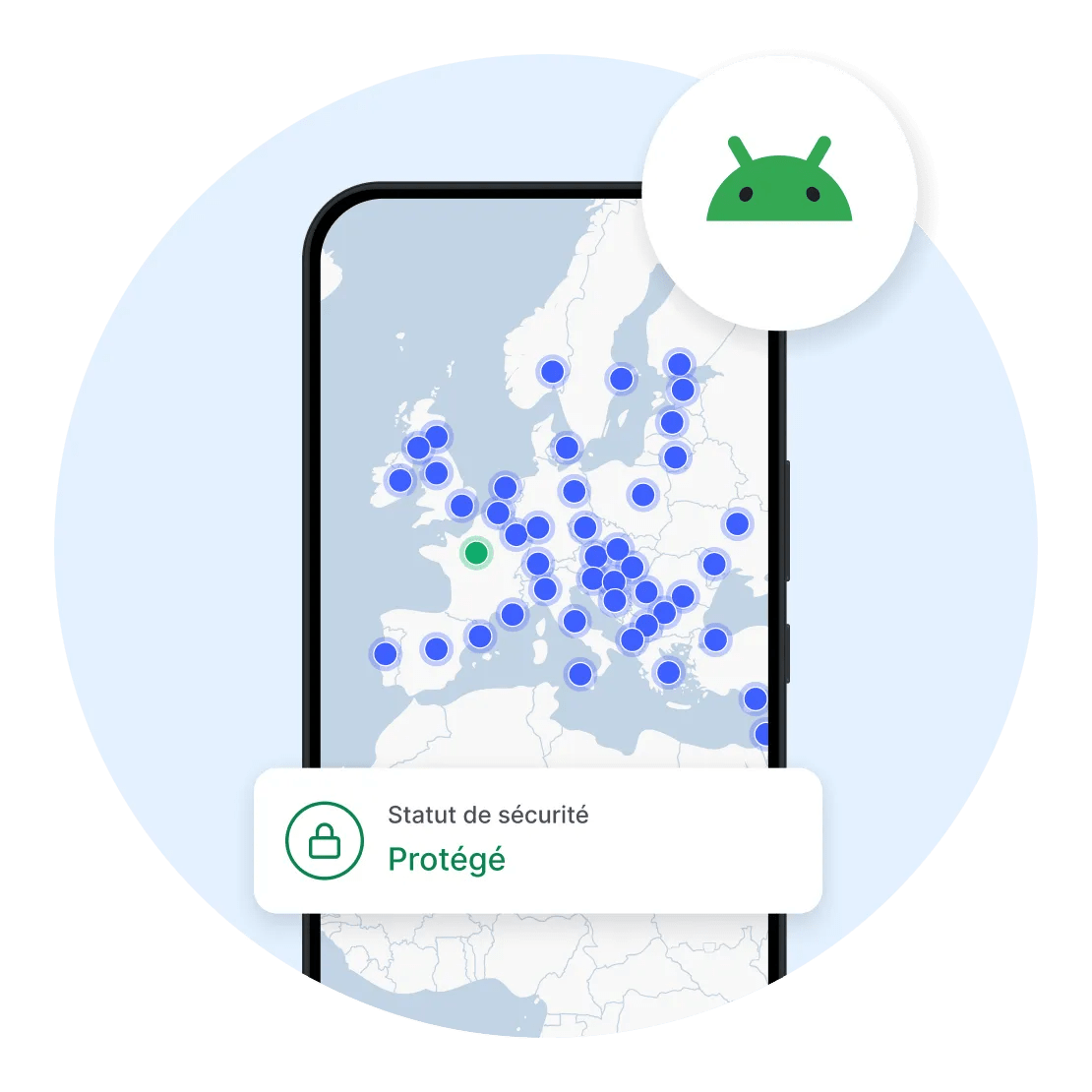 Le client VPN NordVPN actif sur un smartphone Android, montre que la connexion de l&#39;utilisateur est chiffrée.