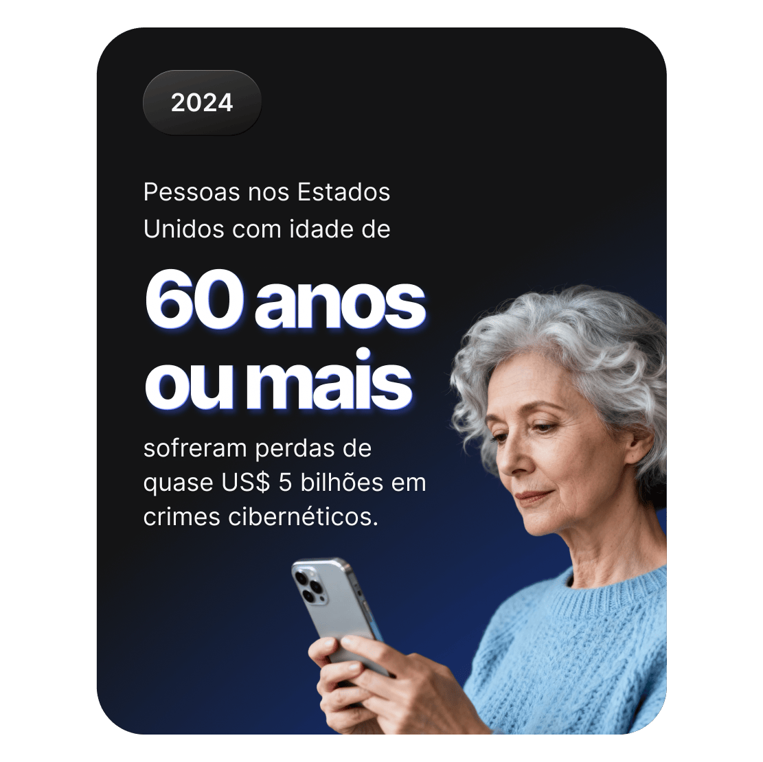Idoso usando um smartphone, representando os quase US$ 5 bilhões que americanos com mais de 60 anos perderam em crimes cibernéticos.