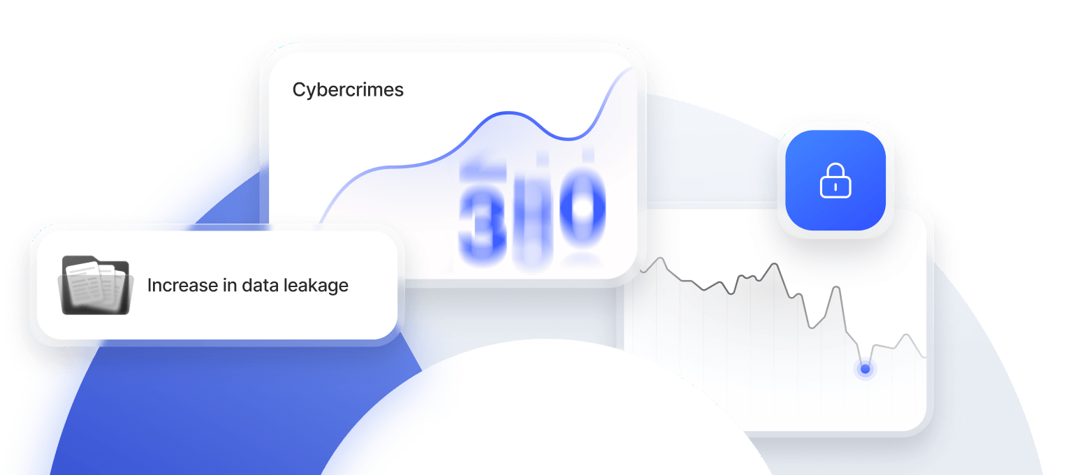 Cybercrime dashboard showing rising data leaks and security trends next to a lock icon representing security.