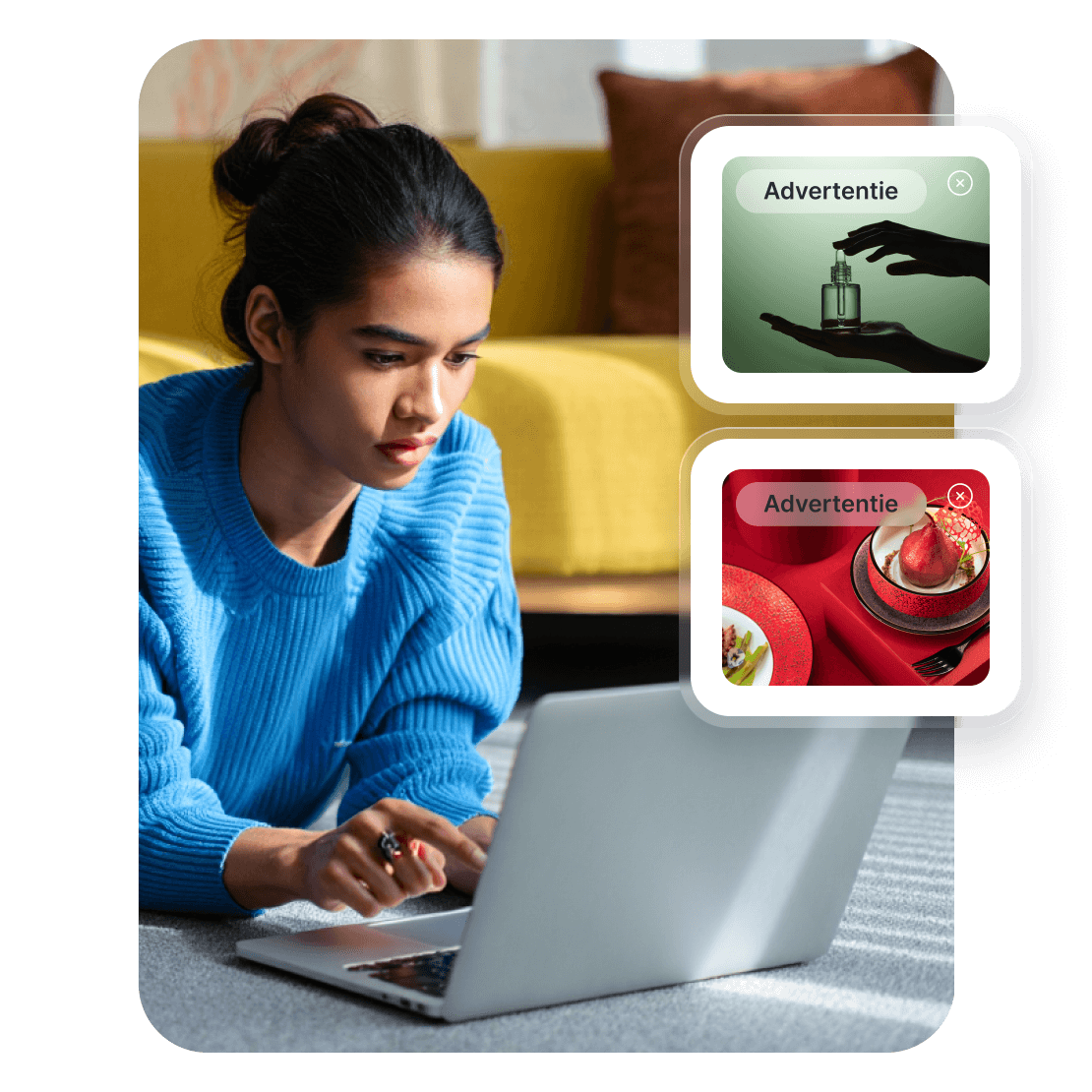 Een vrouw die erover nadenkt om een adblocker te gebruiken om pop-upadvertenties te verwijderen tijdens het surfen op internet.