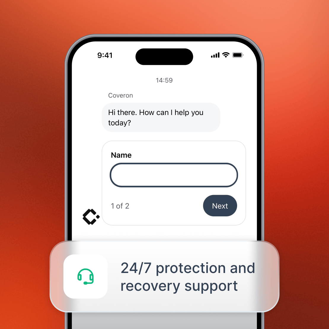 A smartphone with a Coveron app’s 24/7 customer support chat screen.
