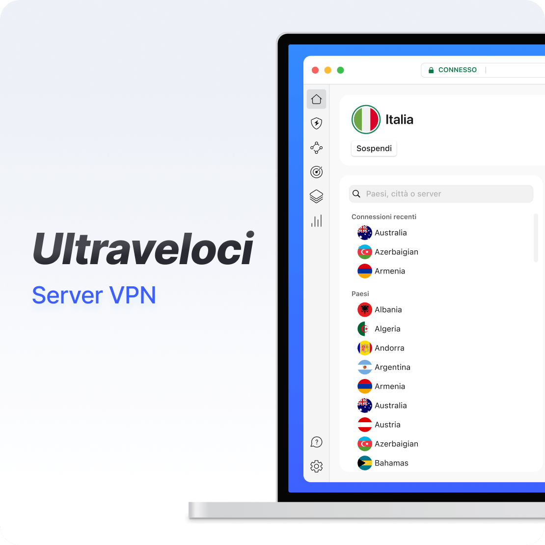 Interfaccia dell&#39;app NordVPN su un laptop che mostra una connessione VPN super veloce.