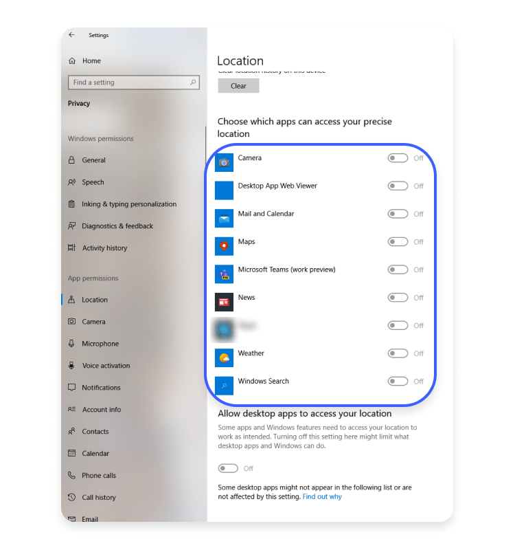 windows10 disable location tracking for apps