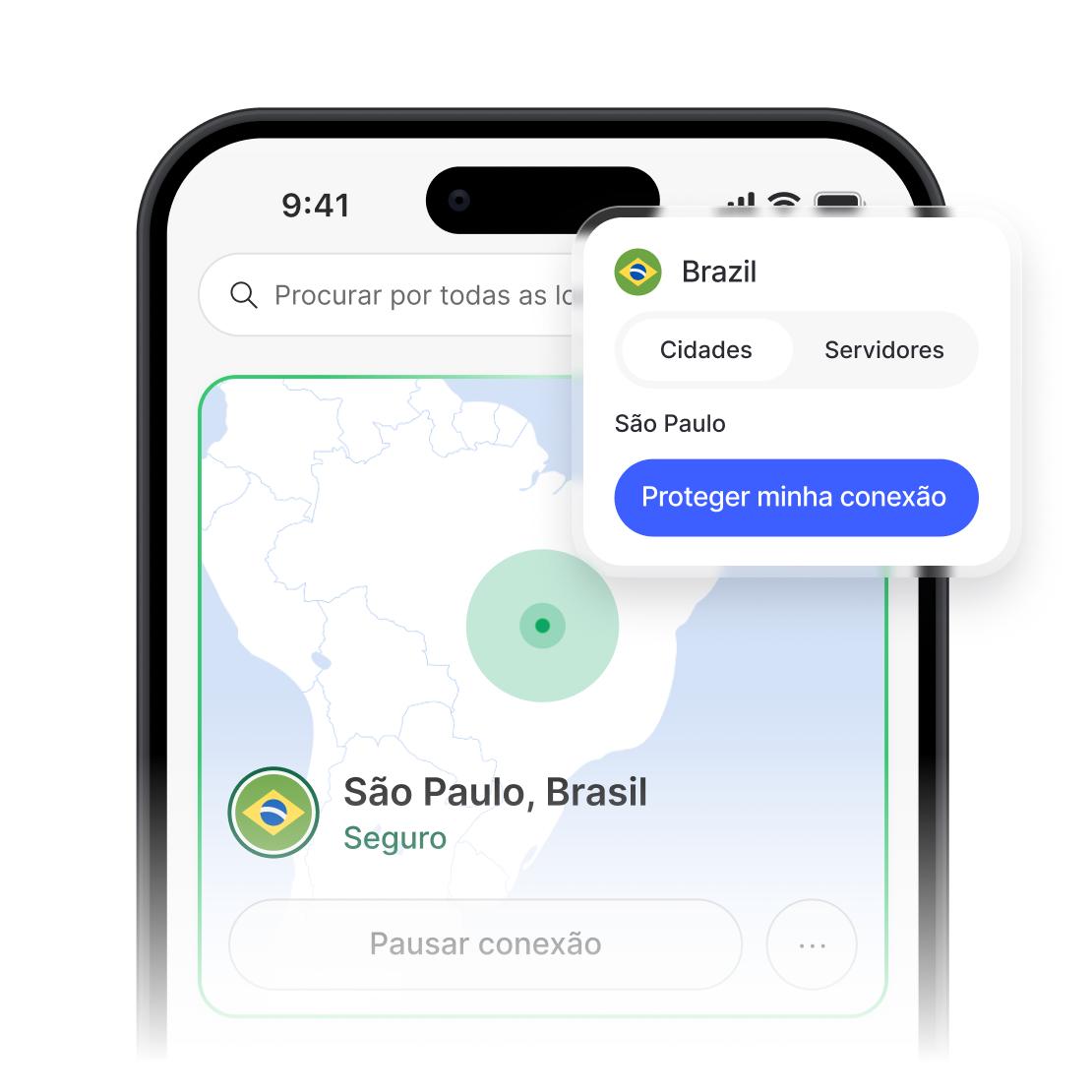 Aplicativo da NordVPN mostrando uma conexão segura e uma lista de servidores no Brasil.