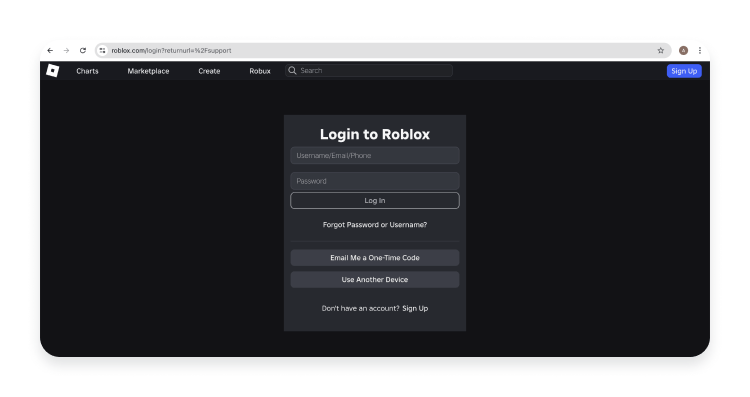 A screenshot of step 2 showing the Roblox login screen