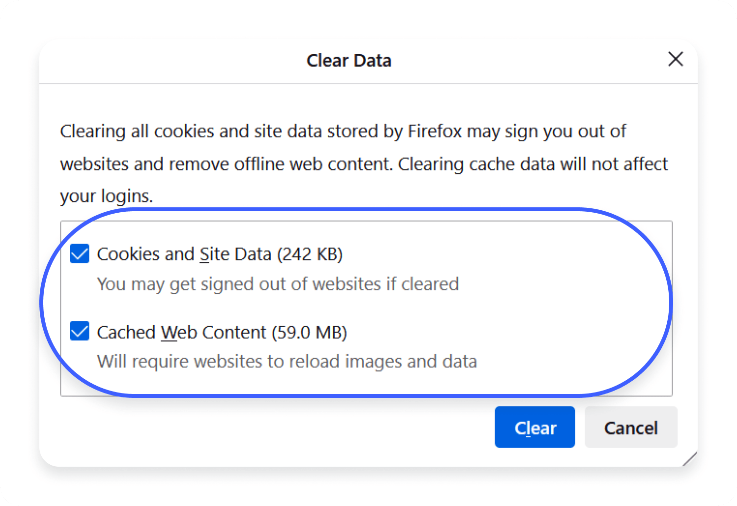 clear cookies and cached content in Firefox