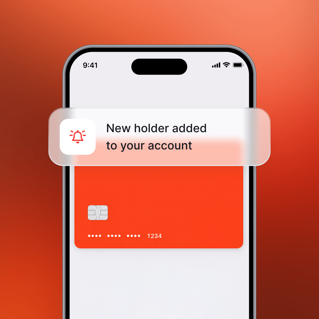 A smartphone with an electronic credit card and Coveron alert for a new holder added to the bank account.