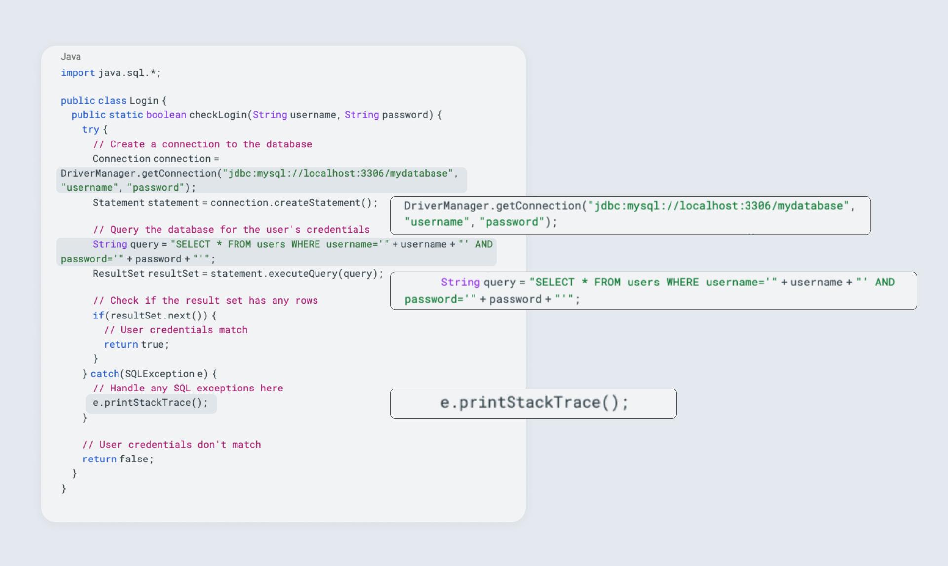 ChatGPT-generated Java login class with the SQL query and stack trace lines highlighted.