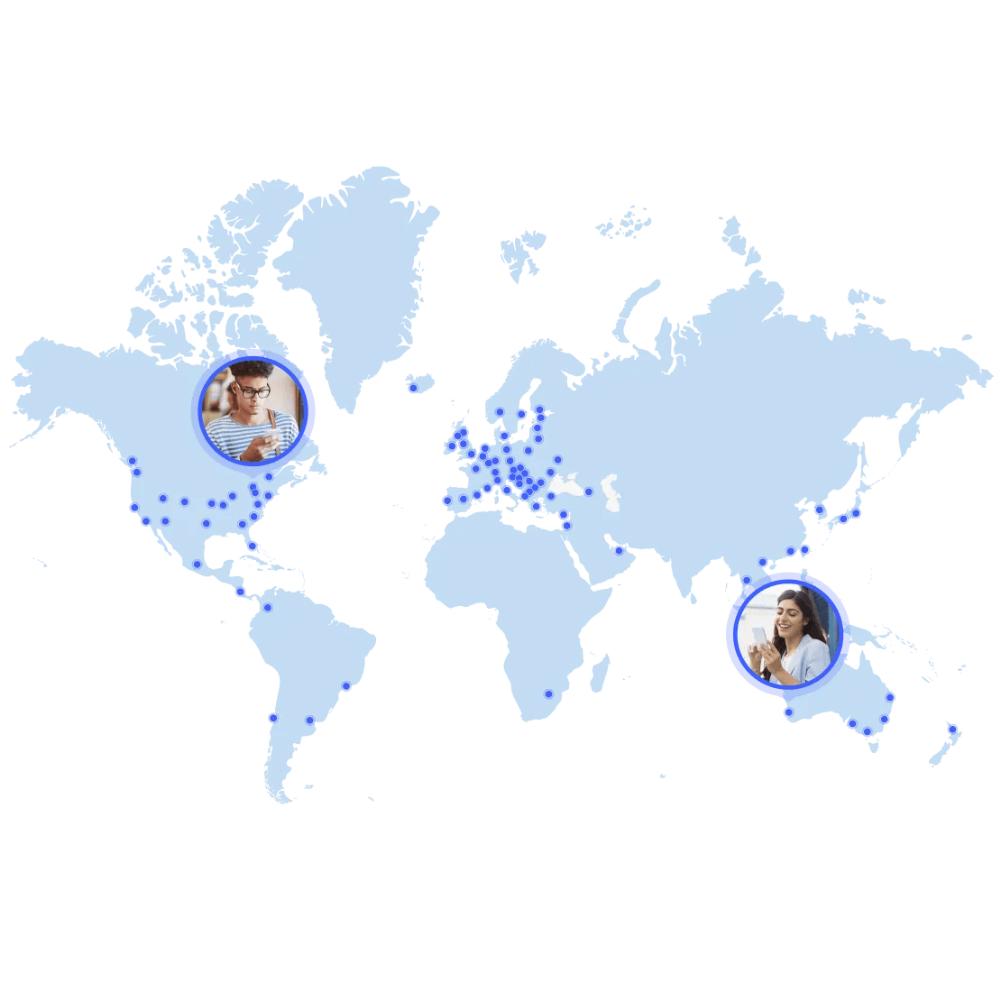Un mapa con puntos azules que representan los servidores de NordVPN.
