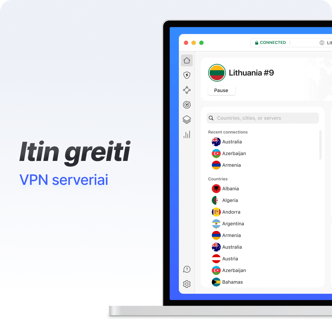 „NordVPN“ kompiuterio programėlės sąsaja, rodanti ypač greitą VPN ryšį.