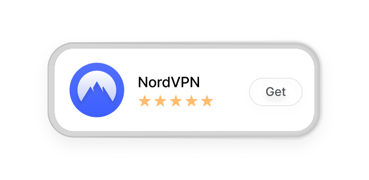 „NordVPN“ programėlės skelbimas programėlių parduotuvėje, kuriame matyti programėlės piktograma, penkių žvaigždučių įvertinimas ir mygtukas „Atsisiųsti“.
