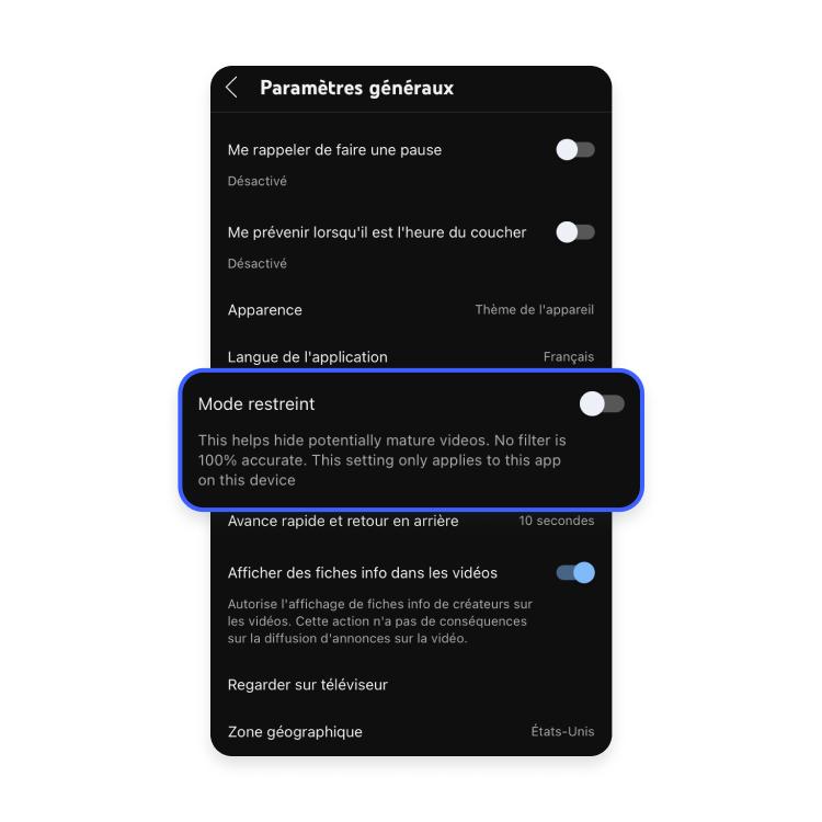 Activez désactivez mode restreint YouTube sous iOS