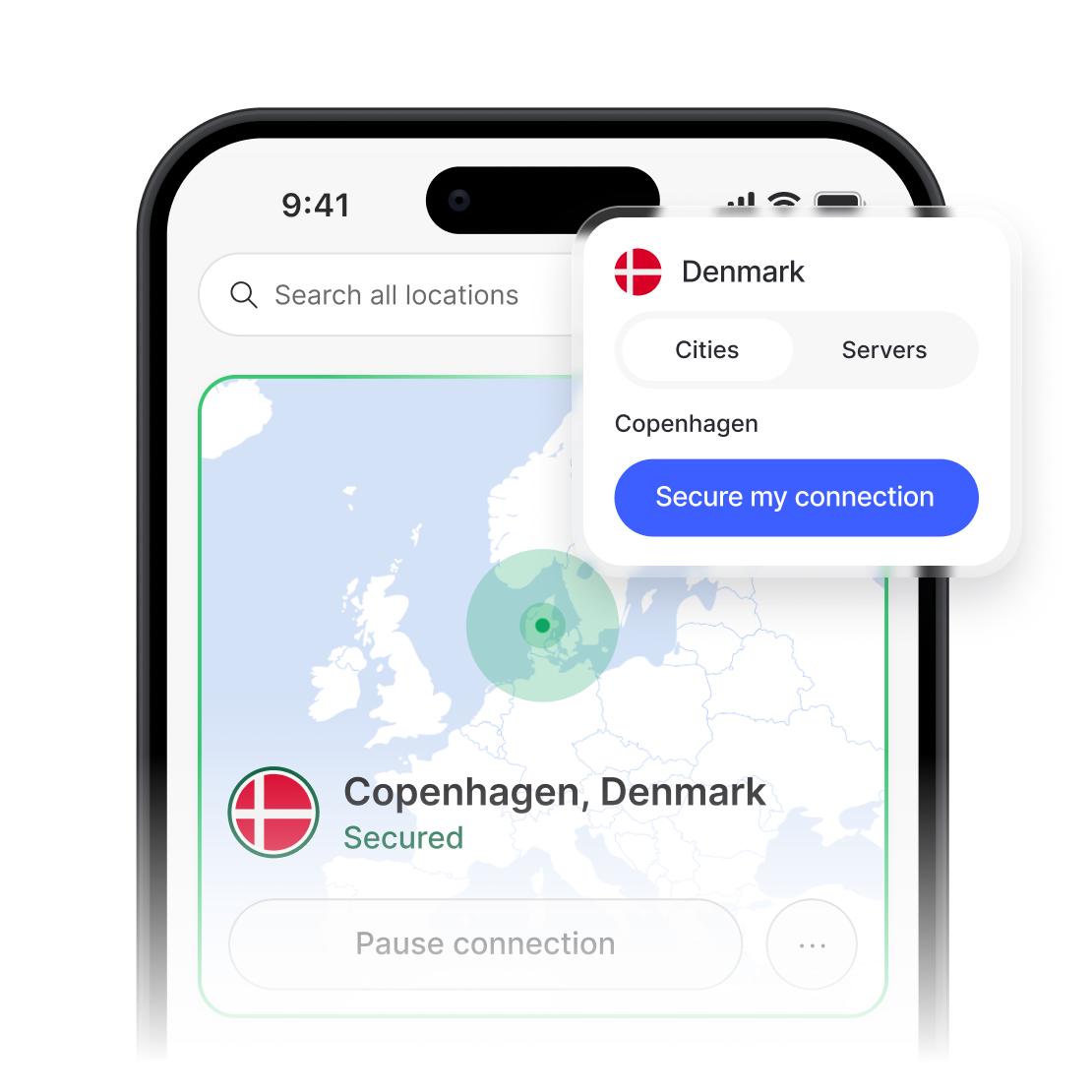 En NordVPN-app, der viser en sikker forbindelse og en liste over servere i Danmark.
