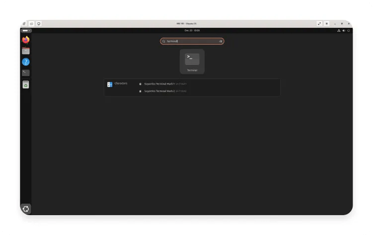 Linux desktop showing the application menu open, with "Terminal" typed in the search bar.