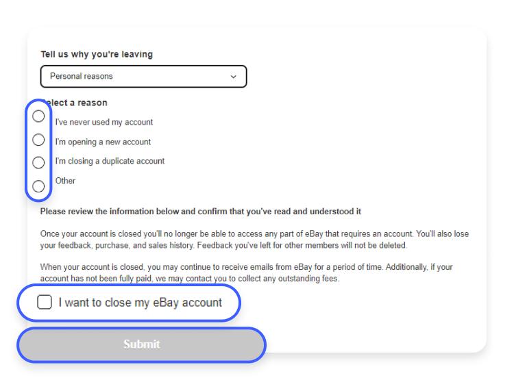 closing eBay account submit