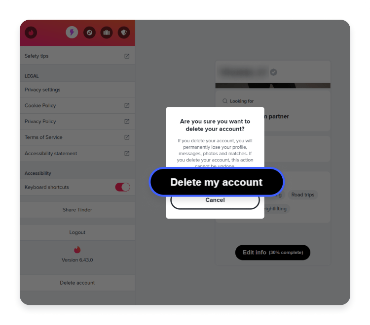 How to delete your Tinder account on a computer: Step 4