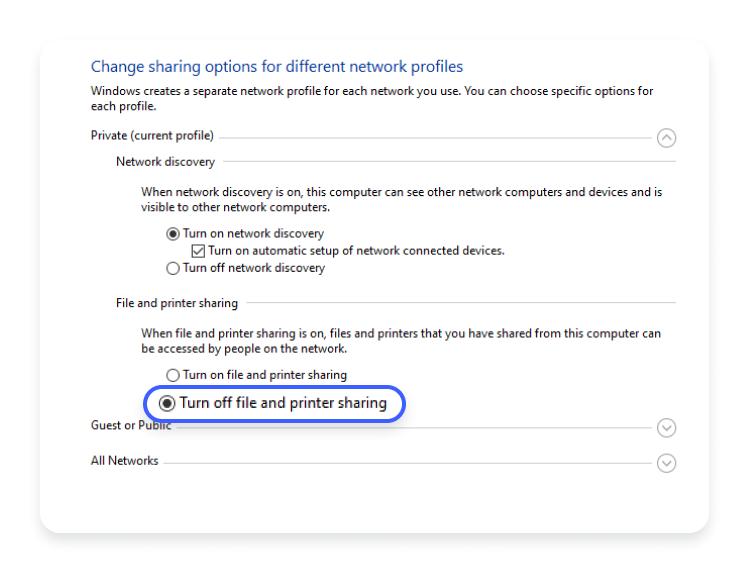 windows10 turn off file and printer sharing