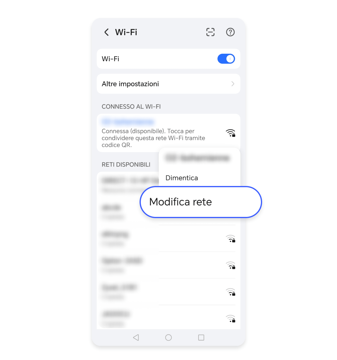 Tocca &quot;Modifica rete&quot;, poi &quot;Mostra opzioni avanzate&quot;.

