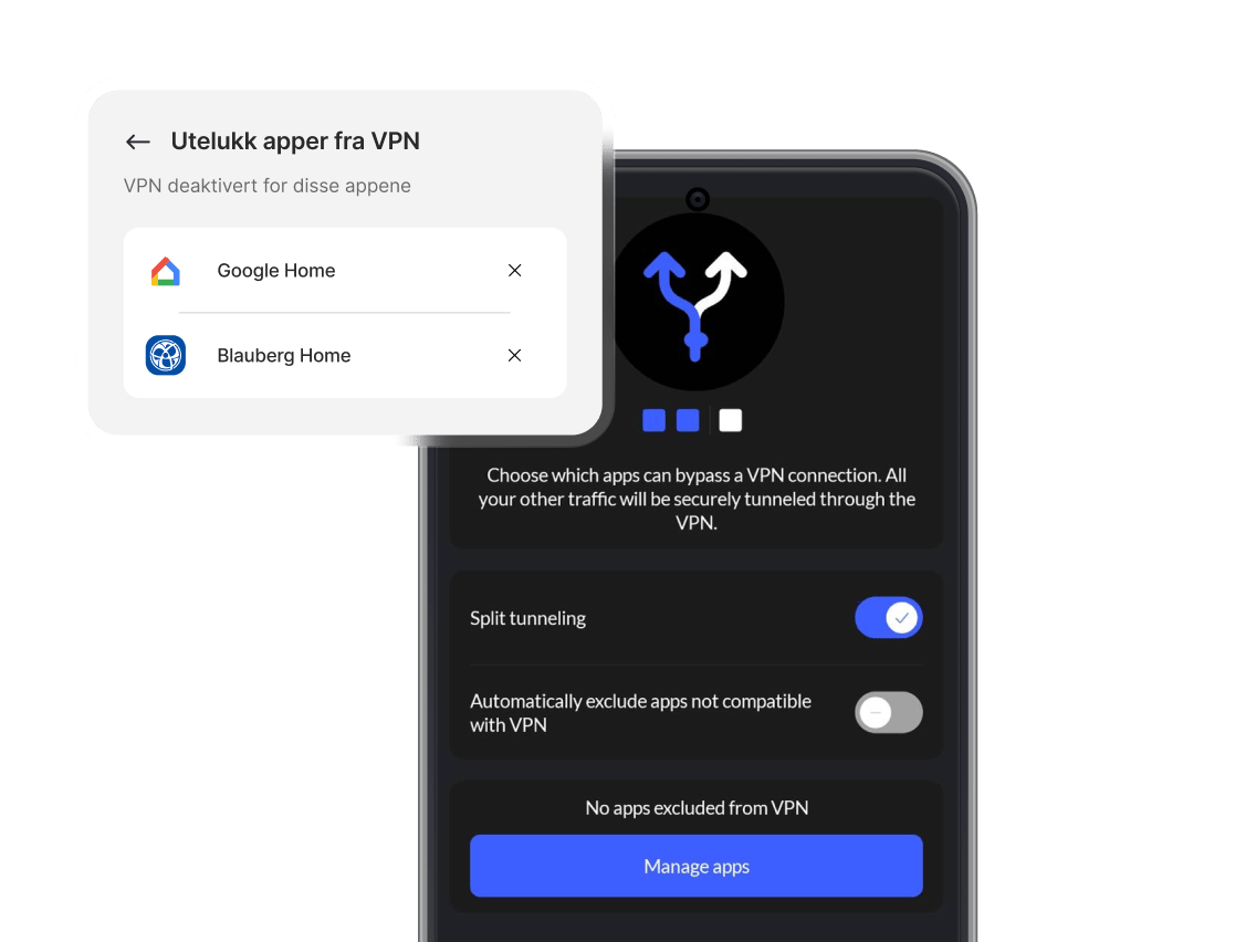 Smarttelefon med NordVPN-appen, der split tunneling er aktivert.