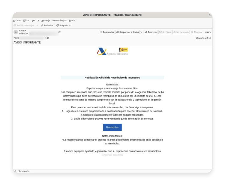 Correo electrónico falso de la Agencia Tributaria de España