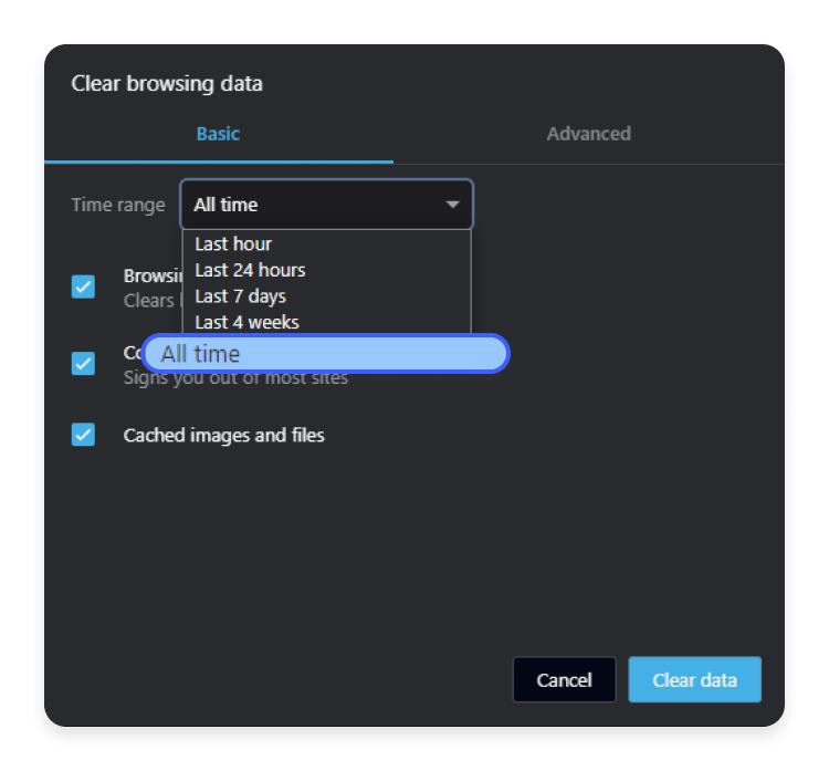 clear all time cached data on Opera