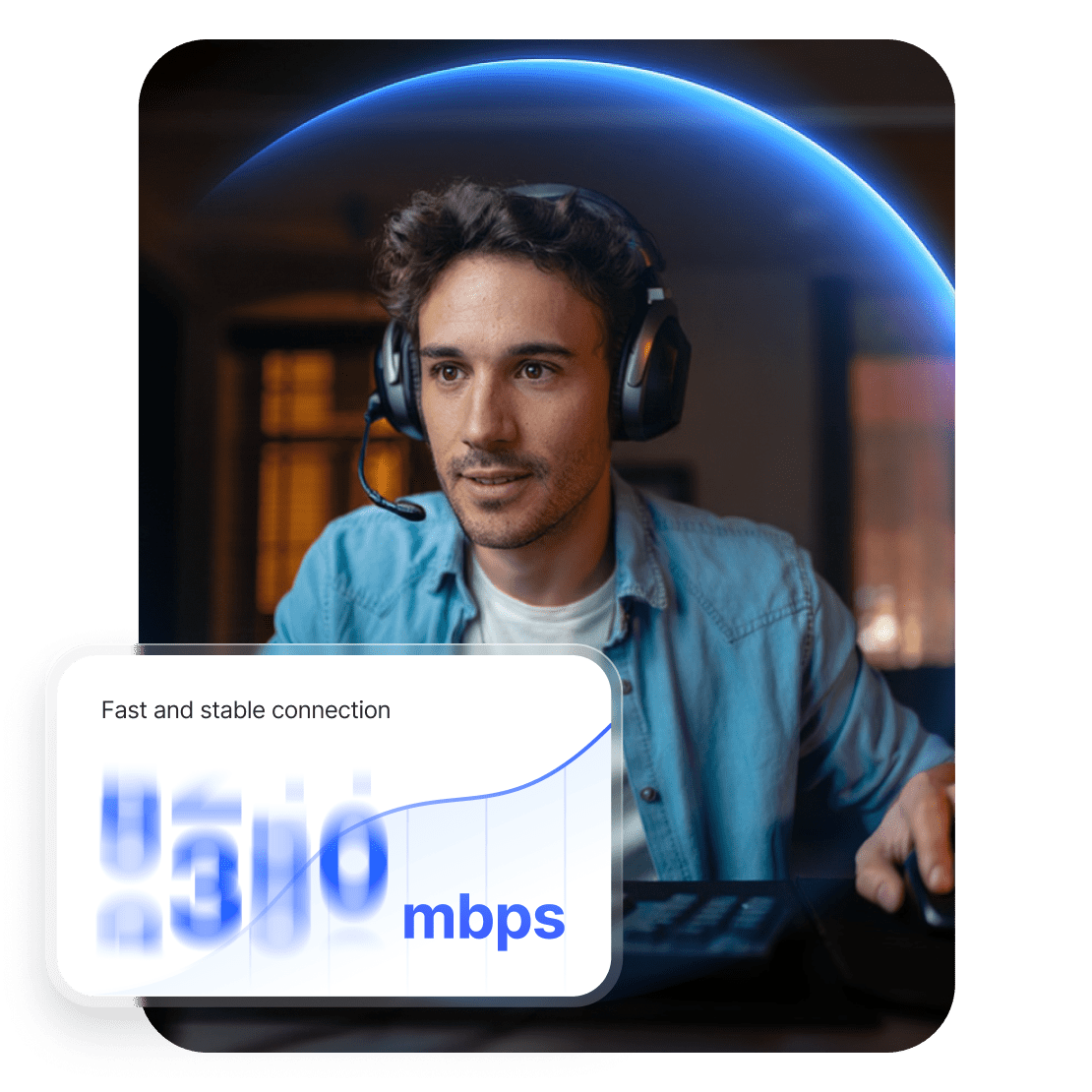 A person plays League of Legends using a speed-optimized VPN for secure gaming.