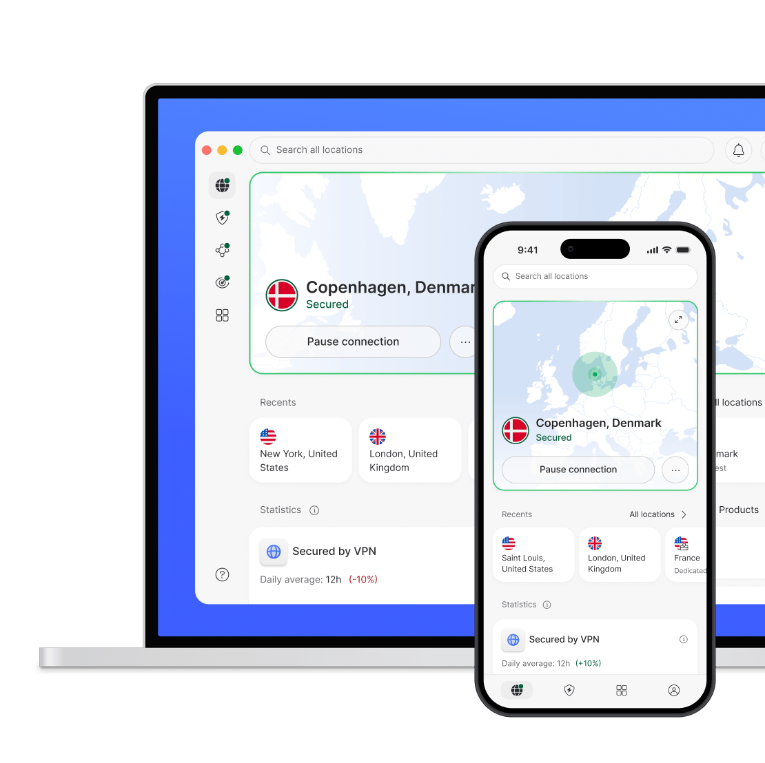 En bærbar computer og en smartphone, der er beskyttet af NordVPN.