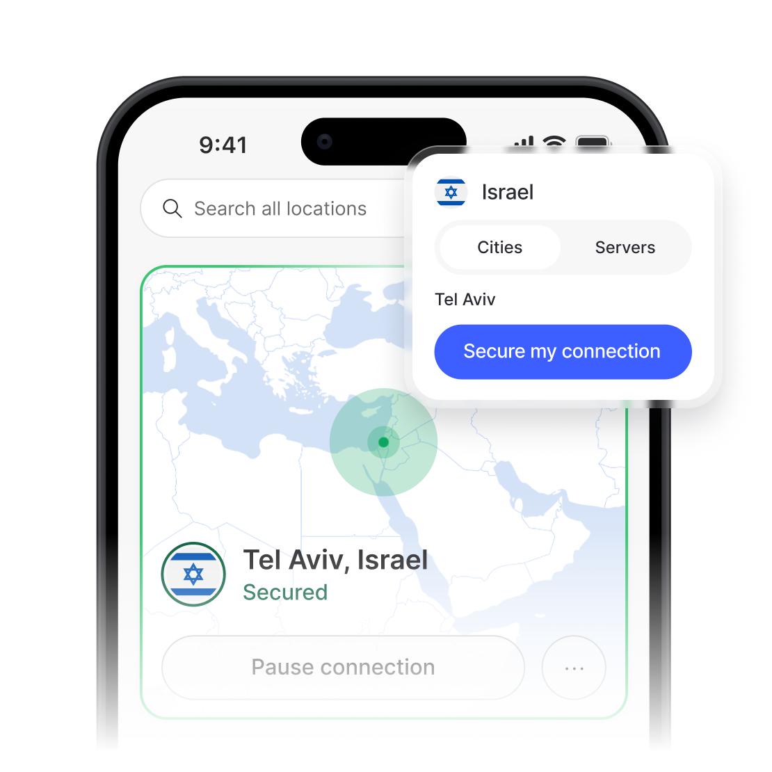 אפליקציית NordVPN המציגה חיבור מאובטח ורשימת שרתים בישראל.