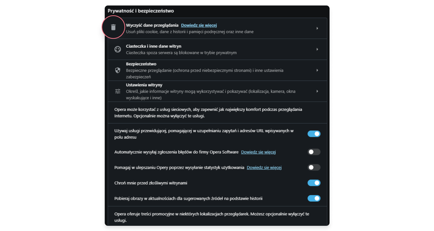 Czyszczenie cookies – Opera: krok 2