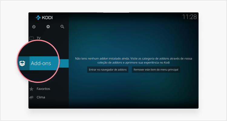 Tela de acesso aos add-ons do Kodi