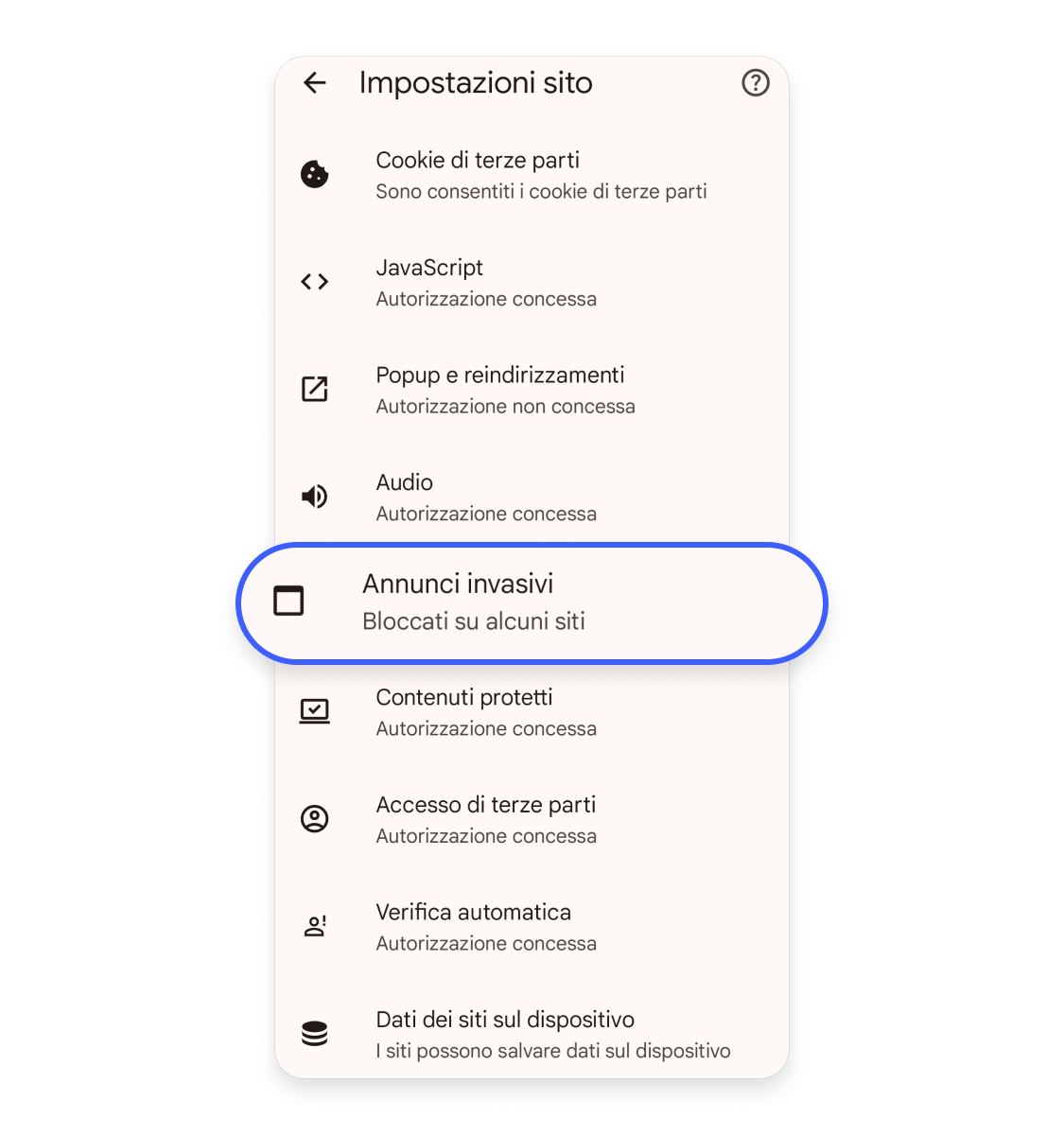 Nel menu Impostazioni sito, scorri nuovamente in basso e seleziona Annunci invasivi (Blocca su alcuni siti).