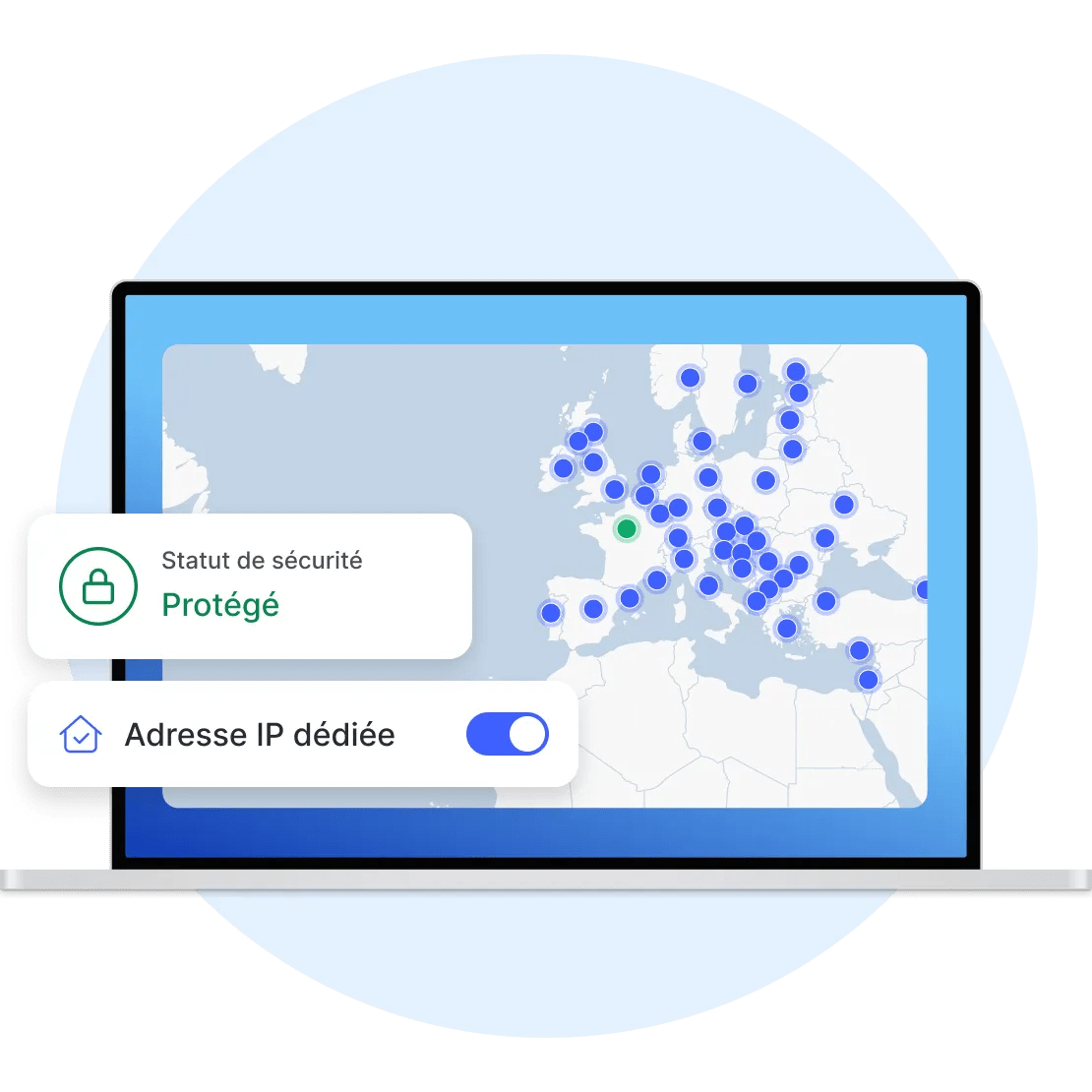 Un ordinateur portable avec l&#39;application NordVPN, connecté à un serveur IP dédié en France.