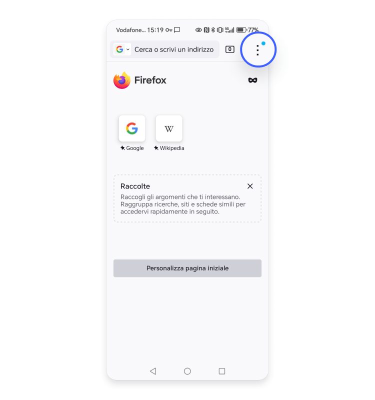 Apri il browser e clicca sui ⋮ in alto a destra.