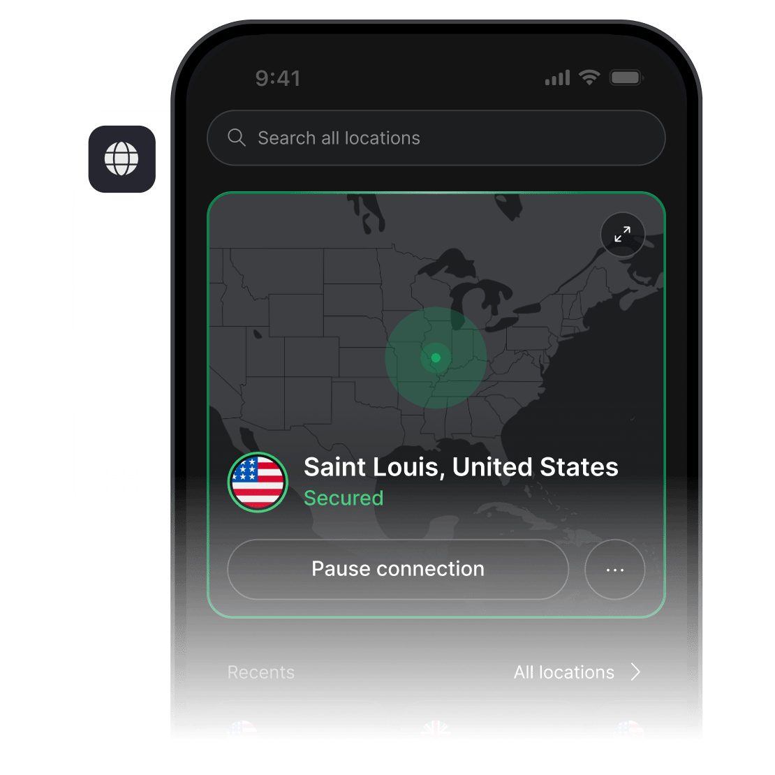A smartphone screen with NordVPN’s app open, connected to a VPN server in the USA.