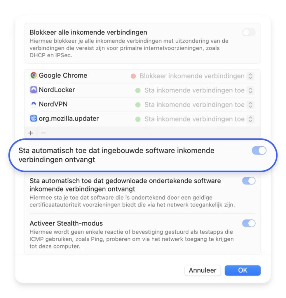 sta inkomende verbindingen toe