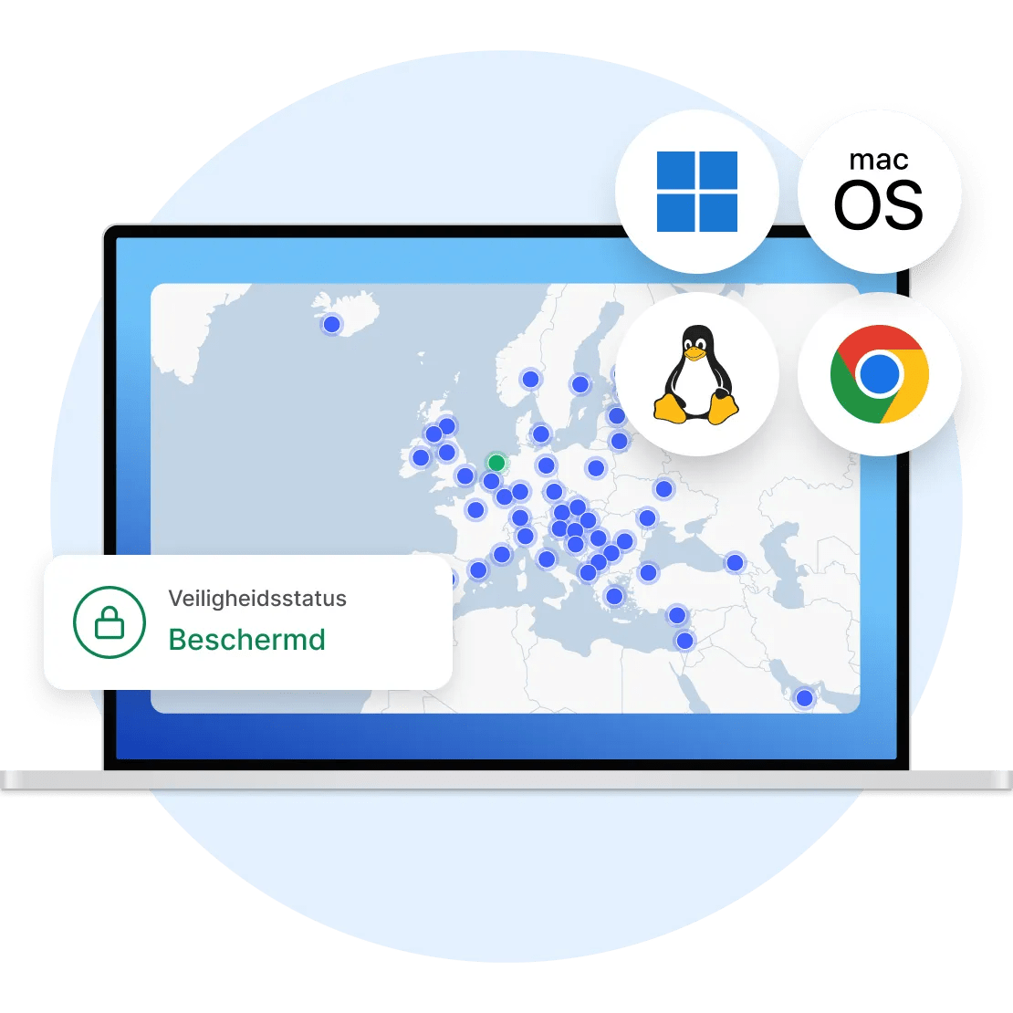 Een Windows-, Linux-, Apple- of Chromebook-laptop toont een NordVPN-scherm. 