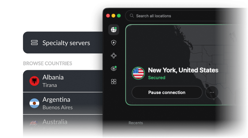 A VPN client showing an active VPN connection to the United States and a list of alternative global servers.