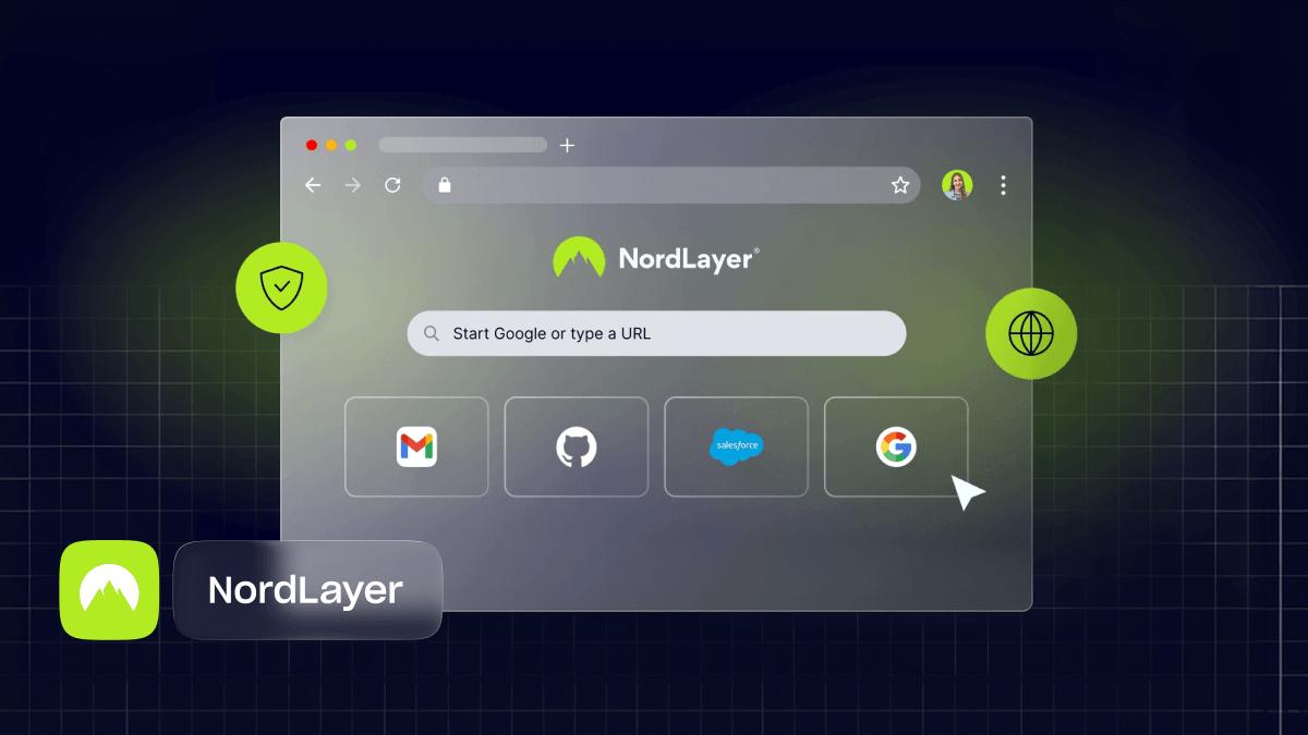 The NordLayer enterprise browser window with a search bar and shortcuts to Gmail, GitHub, Salesforce, and Google.