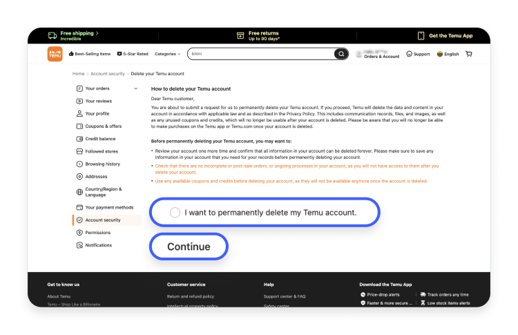 How to delete your Temu account via the website 4.2