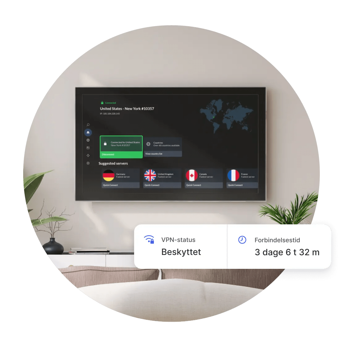 Et tv, som er forbundet til en NordVPN-server, og er sikret mod trusler i 3 dage, 6 timer og 32 minutter.