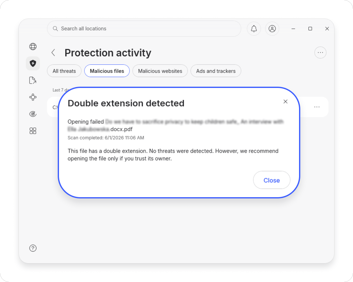 NordVPN app displaying a &quot;Double extension detected&quot; warning for a .docx.pdf file.