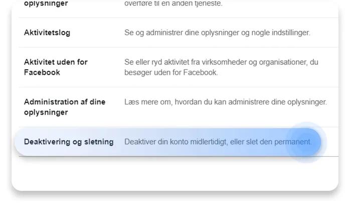 slet facebook konto
