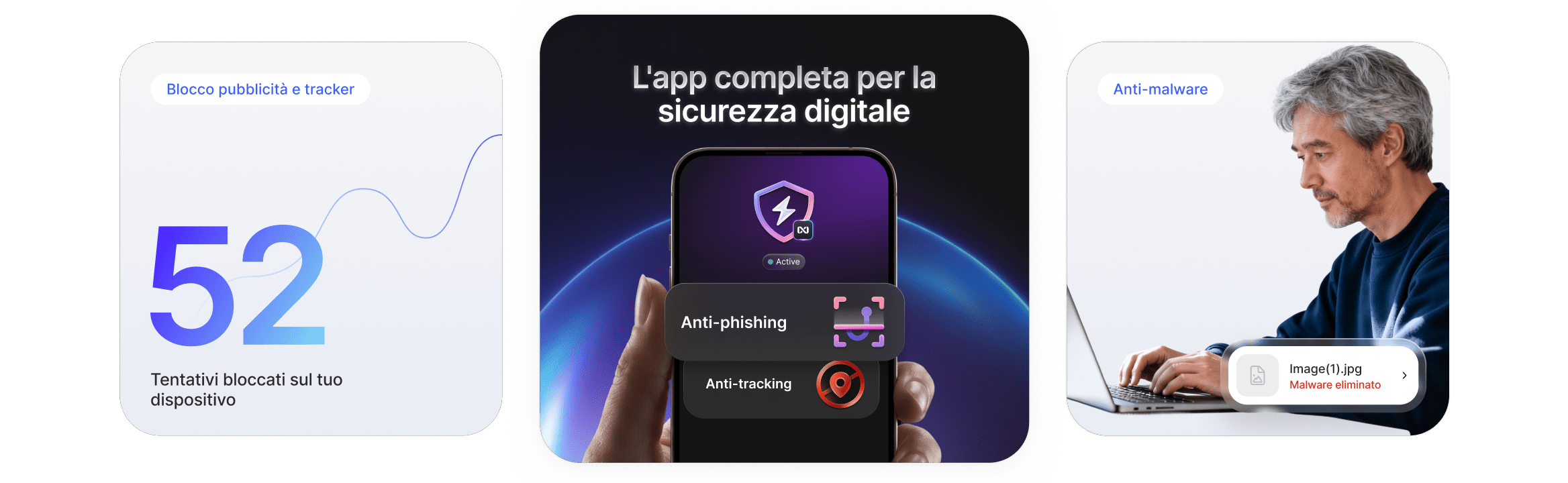 Elementi visivi che mostrano le funzionalità anti-truffa, anti-tracking e anti-malware dell&#39;antivirus di ultima generazione di NordVPN.